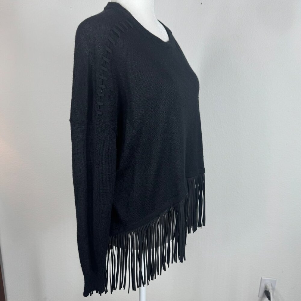 Aqua Black Sweater Fringe Detail Wool Blend Pullover XS Oversized - Picture 2 of 9